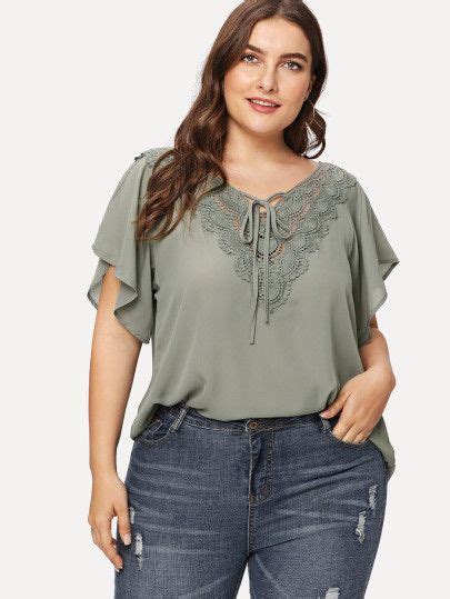 Shein Blouse Met Kant En Ruche Mouwen Flutter Sleeve Top Tops Plus