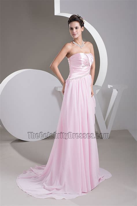 Strapless Pink Chiffon Prom Gown Bridesmaid Evening Dresses