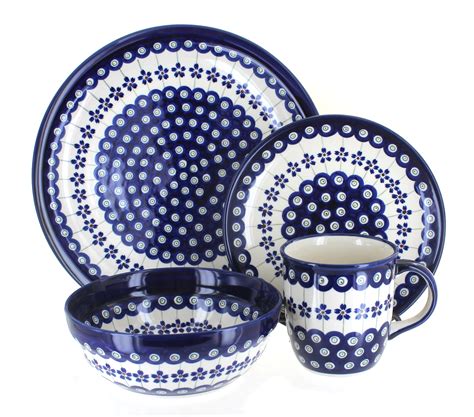 Blue Rose Polish Pottery | Flowering Peacock 16 Piece Dinner Set