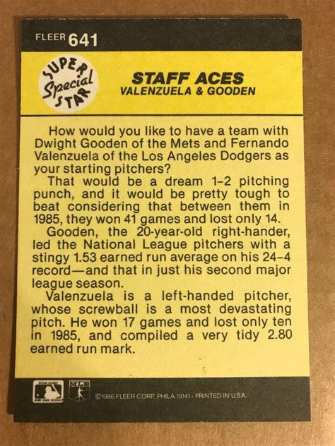 Dwight Gooden Fernando Valenzuela Staff Aces 1986 Fleer Card 641