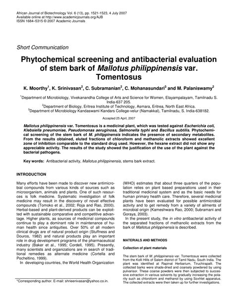 Pdf Phytochemical Screening And Antibacterial Evaluation Of Stem Bark