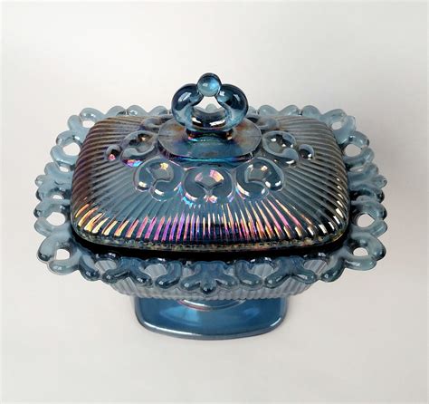 Vintage Harvest Blue Carnival Glass Covered Candy Dish