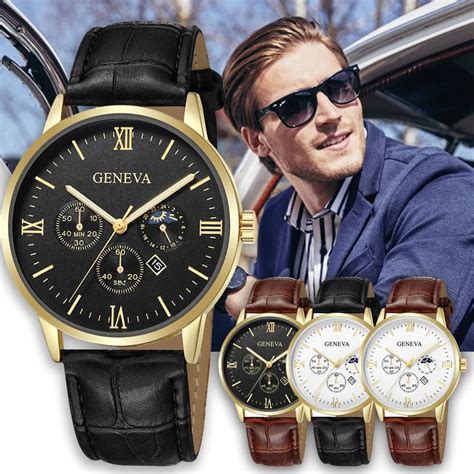 Geneva Fashion Simple Men Date Alloy Case Synthetic Leather Band Analog Quartz Sport Buckle