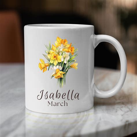 Personalized Birth Flower Mug March Birth Flower Coffee Mug Birth