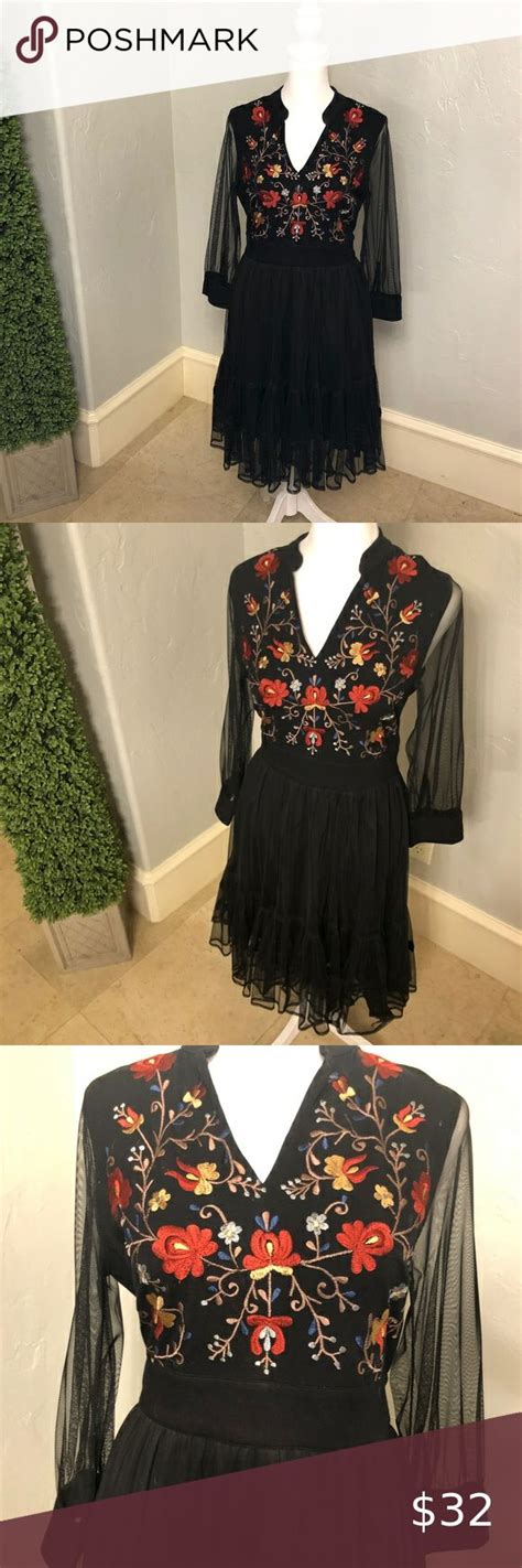 Black And Red Boho Embroidered Floral Ruffle Dress Red Boho Floral