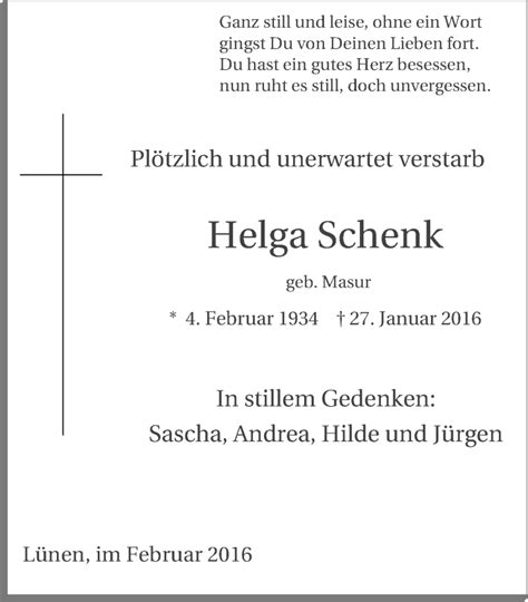 Traueranzeigen Von Helga Schenk Trauer In Nrw De