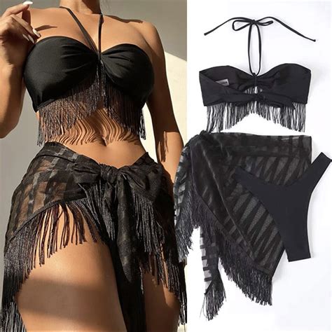 Sexy Tassel Three Piece Bikini Set Consists Of Halter Tassel Bikini Top