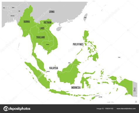 Asean Economic Community Aec Map Grey Map With Green Highlighted