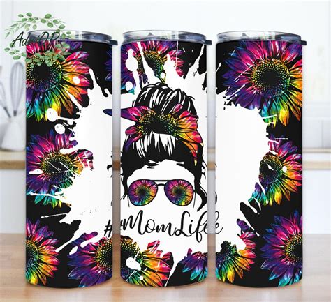 Mom Life 20oz Skinny Tumbler Messy Bun Mom Tumbler Design Sunflowers