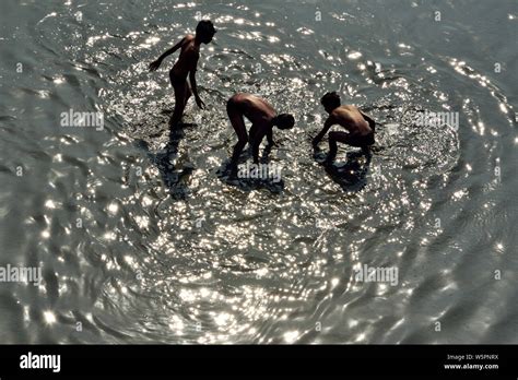 Children Playing In Water Tapti River Surat Gujarat India Asia Stock