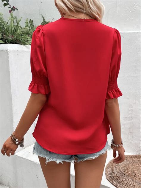 Shein Vcay Solid Shirred Cuff Surplice Neck Puff Sleeve Blouse Shein Usa