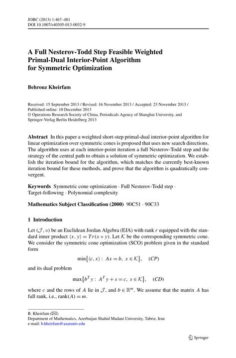 PDF A Full Nesterov Todd Step Feasible Weighted Primal Dual Interior