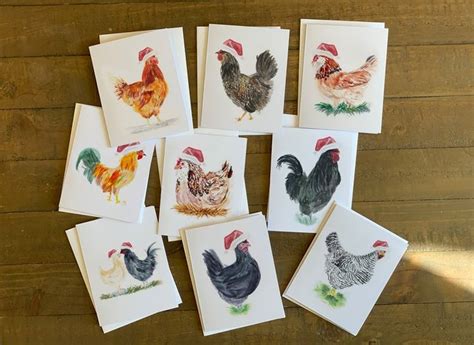 Santa Hat Chicken Christmas Cards Original Watercolor Set of 9 Chickens Barred Rock, Australorp ...