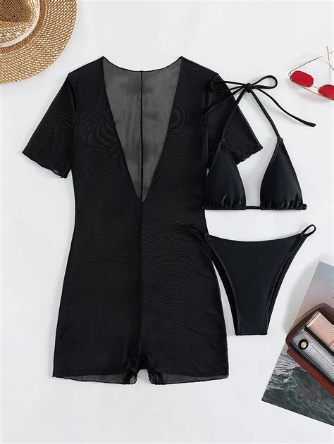 SHEIN Swim SXY Summer Beach Sheer Bikini Set Micro Triangle Bra Cheeky Bottom Short Sleeve