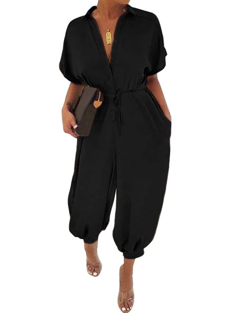 Women Plus Size Loose Baggy Fit Short Sleeve Jumpsuits Belted Long