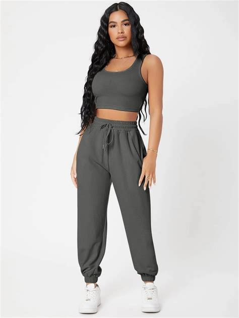 SHEIN PETITE Solid Crop Tank Top And Joggers Set SHEIN USA Cropped