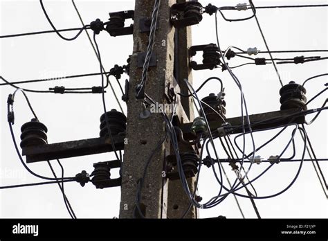 Old Electric Pole With Wires Line Of Electricity Transmissions Stock