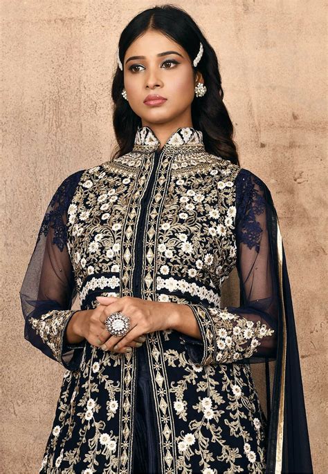 Buy Embroidered Georgette Front Slit Abaya Style Suit In Navy Blue