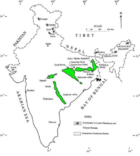 Map Showing Distribution Of Gondwana Basins In Different Parts Of India