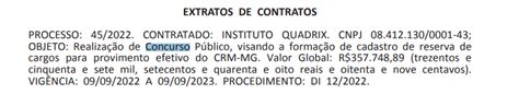 Concurso CRM MG extrato de contrato publicado saiba mais Direção