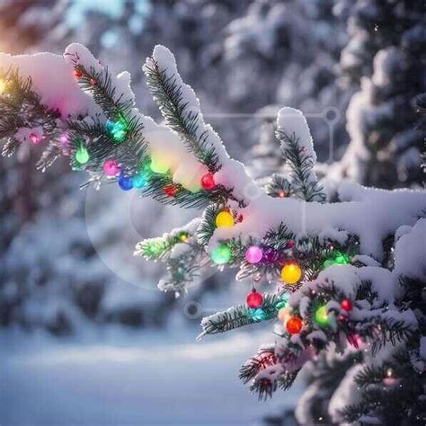 Snowy Tree Decorated with Colorful Christmas Lights stock photo ...