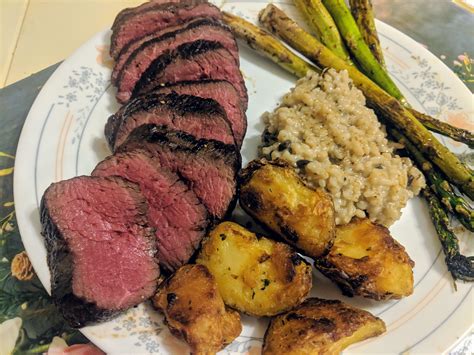Sirloin cap steak, mushroom risotto, roasted asparagus, Serious Eats