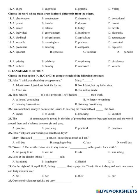 English 10 Mid First Term Test Worksheet