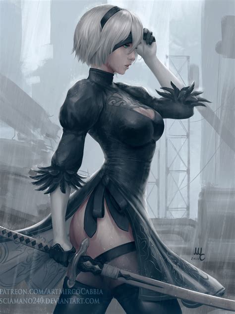 Wallpaper Mirco Cabbia Women Stockings Drawing 2b Nier Automata Thighs White Hair Sword