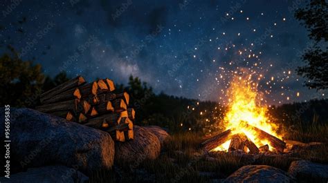 A Stack Of Firewood Beside A Roaring Campfire With Flames Flickering