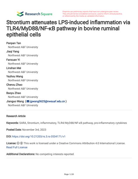 PDF Strontium Attenuates LPS Induced Inflammation Via TLR4 MyD88 NF