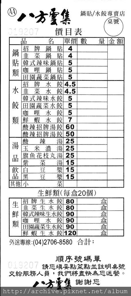 八方雲集菜單 Menu價格價目表熱量表 加盟分店外送電話地址營業時間－查價網誌｜痞客邦