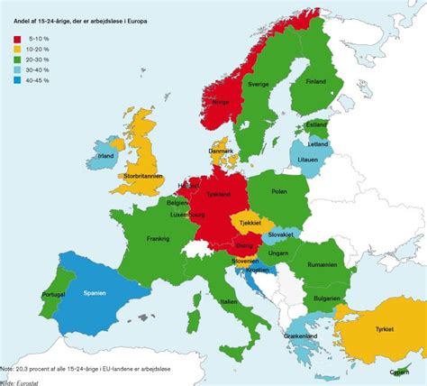 Europa Kort Med Andel Af 15 24 årige Der Er Arbejdsløse I De Enkelte