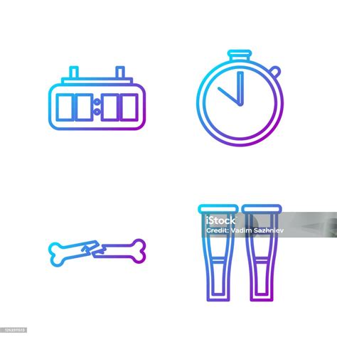 세트 라인 목발 또는 목발 인간 부러진 뼈 하키 기계 점수판과 스톱워치 그라데이션 색상 아이콘입니다 벡터 건강관리와 의술에 대한