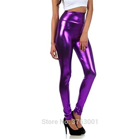 Women Look Wet Leggings Shiny Glossy Faux Leather Metallic Stretchy