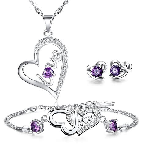 Set Of Genuine Sterling Silver Cz Love Heart Pendant Necklace