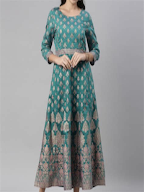 Buy Global Desi Women Teal Blue Ethnic Motifs Printed Fit And Flare