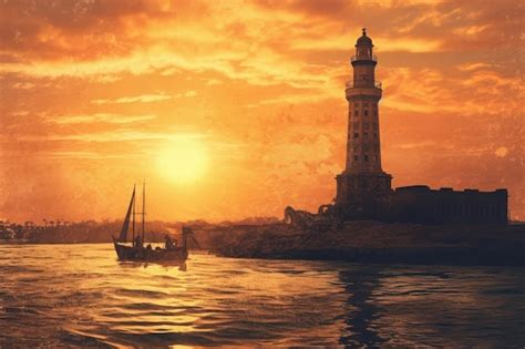 Premium AI Image | Painting of a lighthouse drawing of Alexandria at sunset