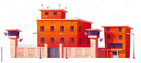 Prison, jail with fence, red brick walls, watchtowers and grating on ...