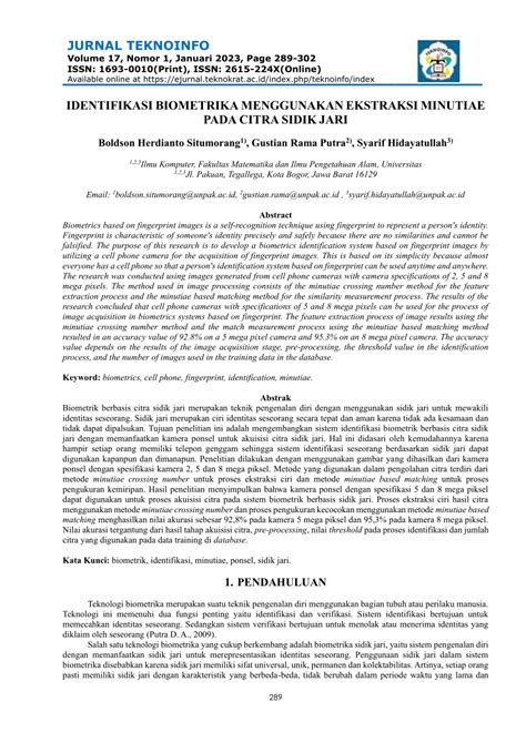 PDF IDENTIFIKASI BIOMETRIKA MENGGUNAKAN EKSTRAKSI MINUTIAE PADA CITRA