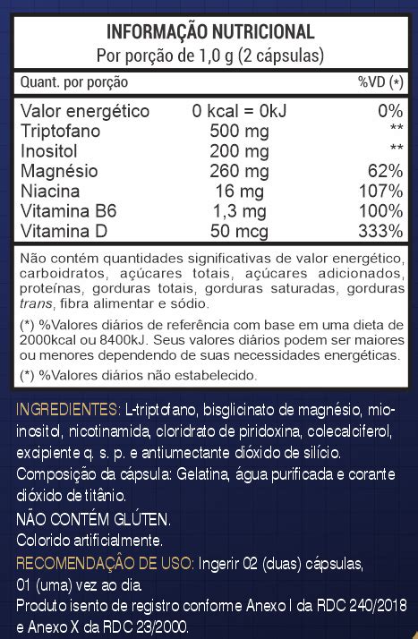 Triptofano 500mg 180 Cápsulas Niacina Inositol Magnésio Vitamina D