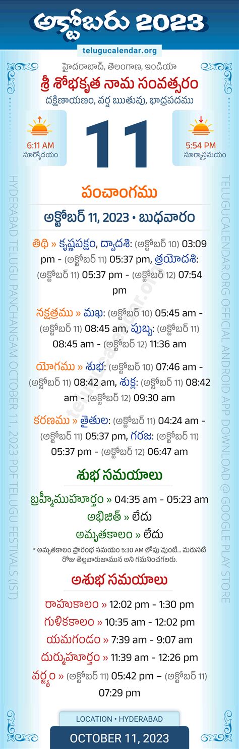 Telangana » Panchangam October 11, 2023 Telugu Calendar Daily