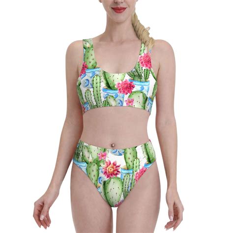 Fotbe Women S Flowers And Cactus Print Bikini High Waisted Swimsuit Two