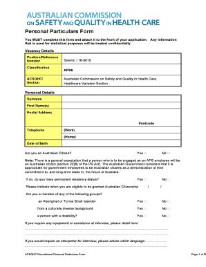 Fillable Online Personal Particulars Form Safetyandqualitygovau Fax