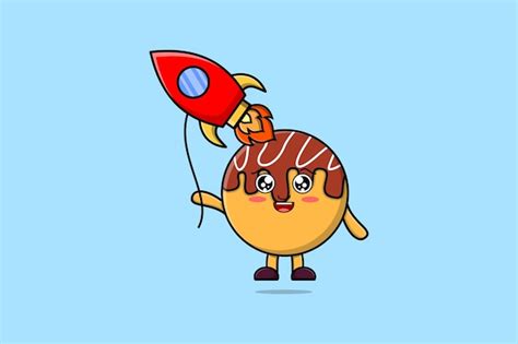 Premium Vector Cute Cartoon Takoyaki Floating With Rocket Balloon Cartoon Vector Illustration