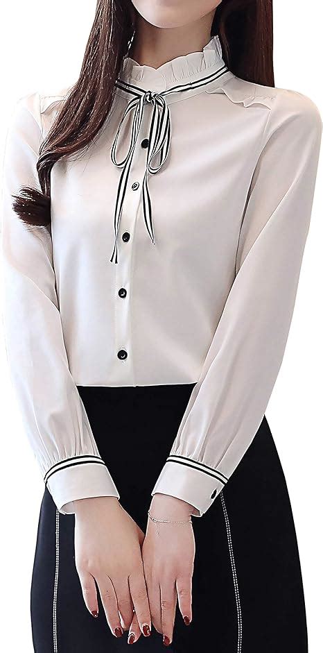 Blusa Feminina De Chiffon Manga Comprida E Gola Alta Camisa De