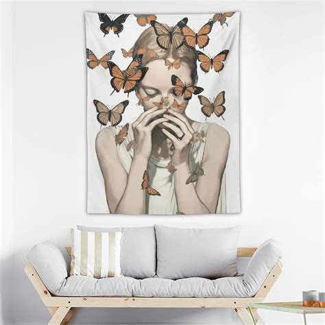 Onetech Simple Woman Flower With Colorful Butterfly White Tapestry For