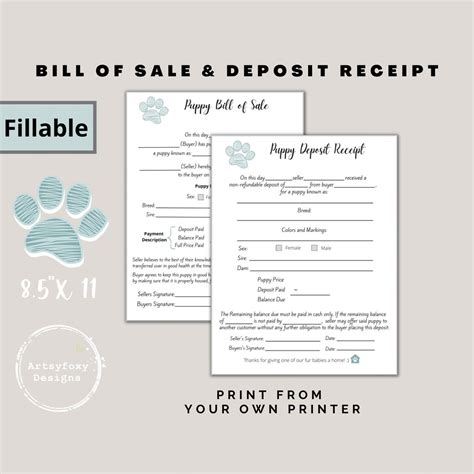 Puppy Depositbill Of Sale Fillable Puppy Deposit Form Dog Etsy