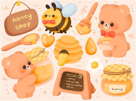 Cute Kawaii Printable Bear And Bees Honey Shop Clipart Etsy