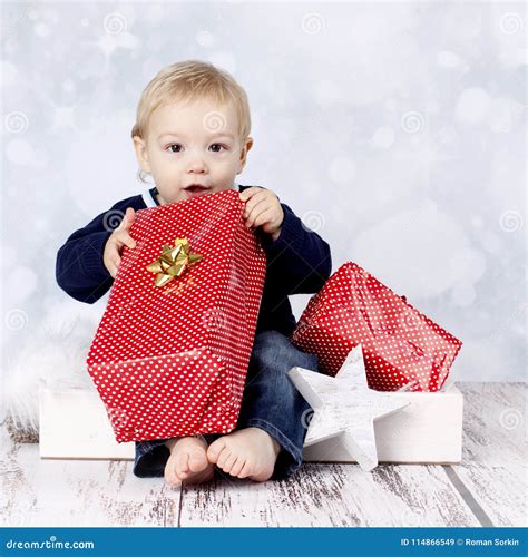 Little Baby Boy With Big Christmas Presents Stock Image Image Of Love