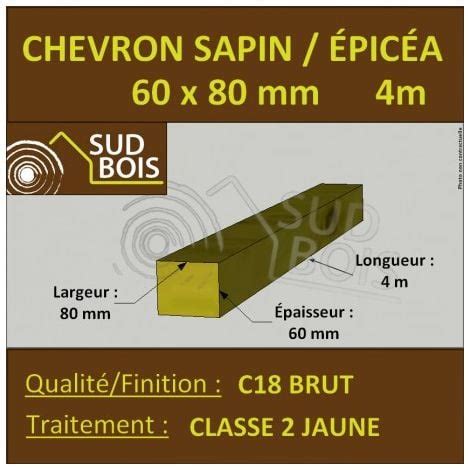 Chevron 60x80mm Sapin Épicéa Brut Traité Classe 2 Jaune 4m